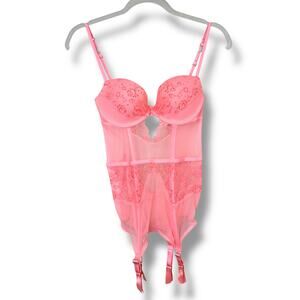Victoria's Secret NWT Coral Pink Rhinestone Lace Mesh Basque Push-Up Lingerie